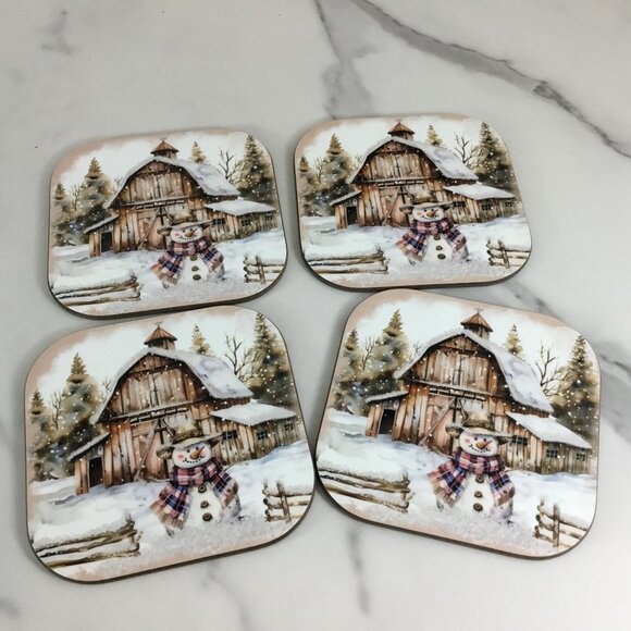 Rustic Country Snowman Wood Hardboard Coasters Set of 4 - Picture 2 of 9
